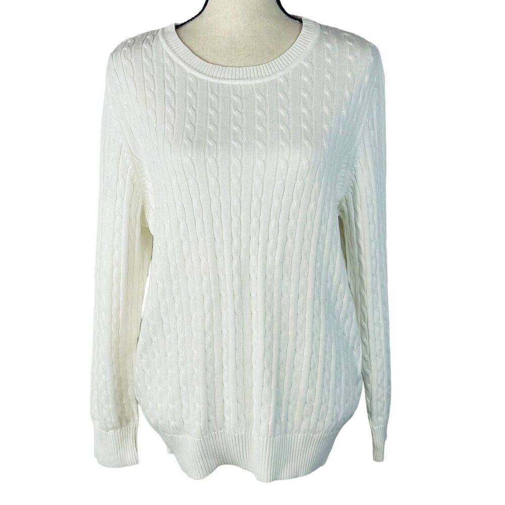Karen Scott X-Large Cable Knit Sweater Crew Neck Long Sleeve Stretch Off White